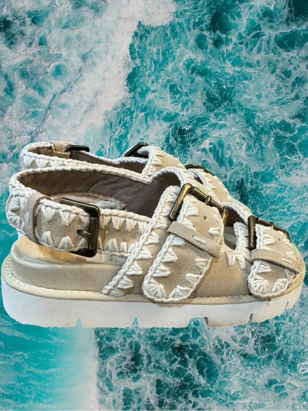 NIB MOU Bio Crochet Suede Buckle Sandals Platform Footbed Slingback Size 39